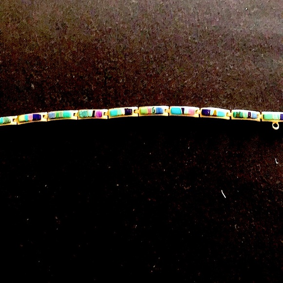 Turquoise, lapis & onyx Signed Sterling Bracelet - Picture 4 of 7